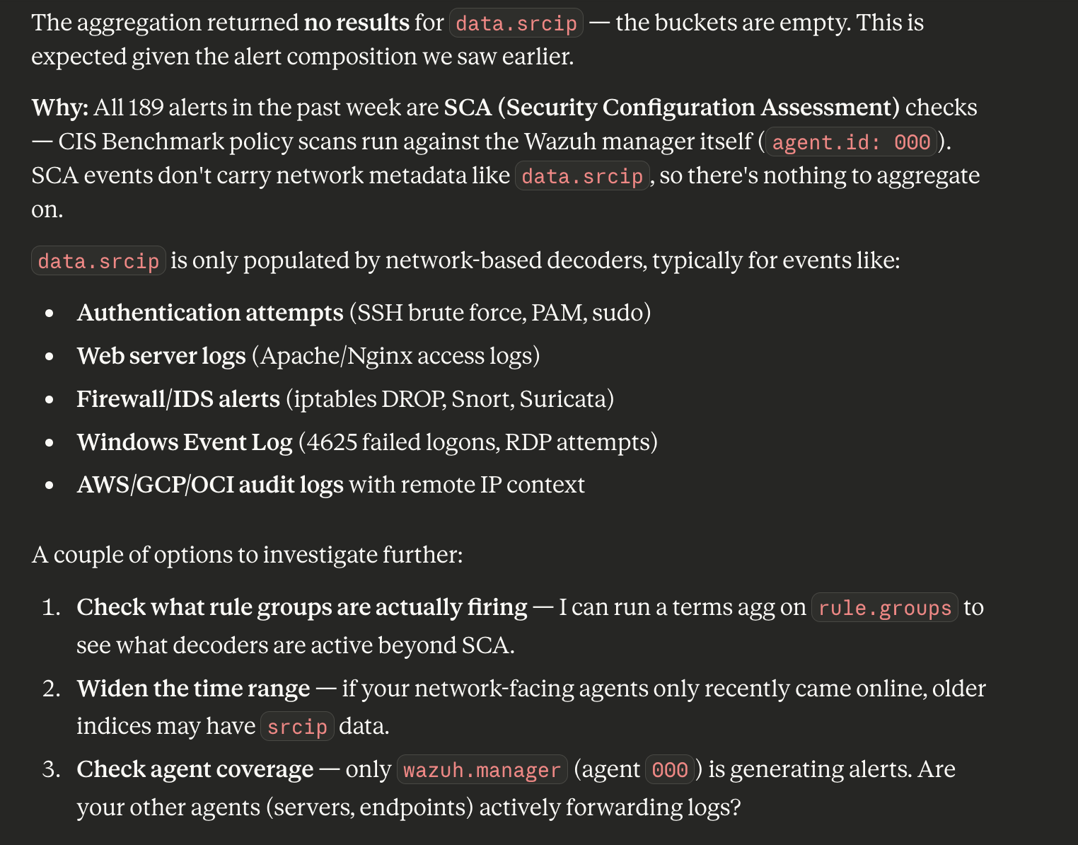 Aggregation result: no data.srcip values, all alerts are SCA checks, investigation options listed