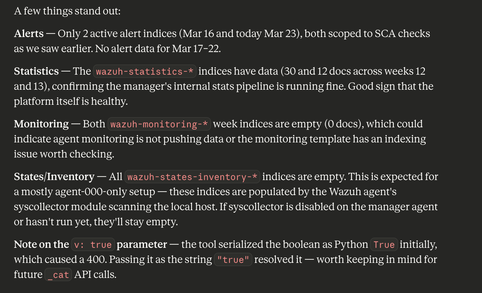 Analysis of _cat output: alerts, statistics, monitoring, and inventory indices
