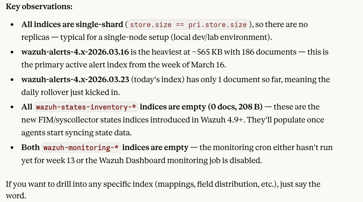 Analytical summary of Wazuh indices from Claude