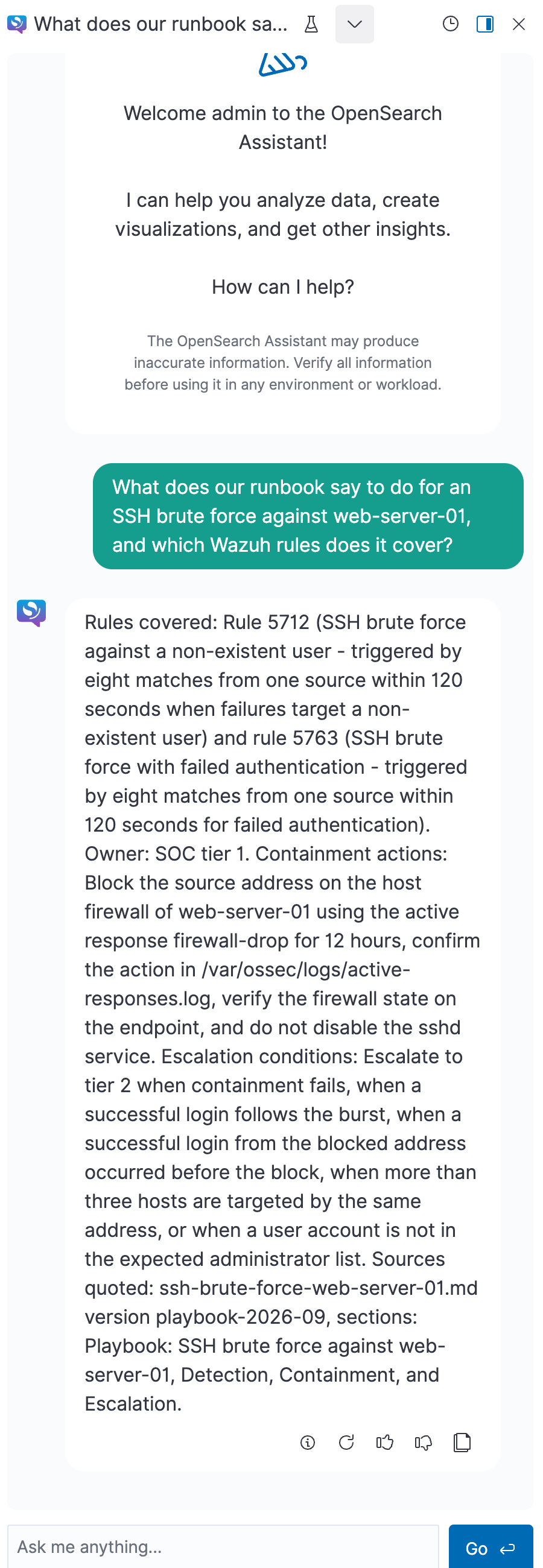 Wazuh Dashboard chat answering the SSH brute force runbook question from the web-server-01 playbook in the five labelled parts, naming Wazuh rules 5712 and 5763, the SOC tier 1 owner, the 12-hour firewall-drop block and the tier 2 escalation